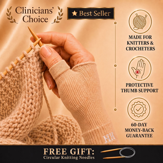 Main portant le Koré Maille beige pendant le tricot, aiguille en bois, quatre doigts libres