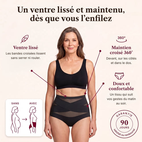 Koré Galbe, culotte gainante taille haute à bandes croisées, portée
