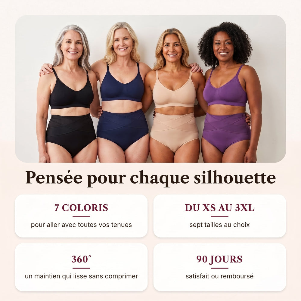 Quatre femmes portant Koré Galbe en noir, bleu marine, beige et violet