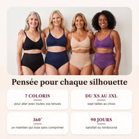 Quatre femmes portant Koré Galbe en noir, bleu marine, beige et violet