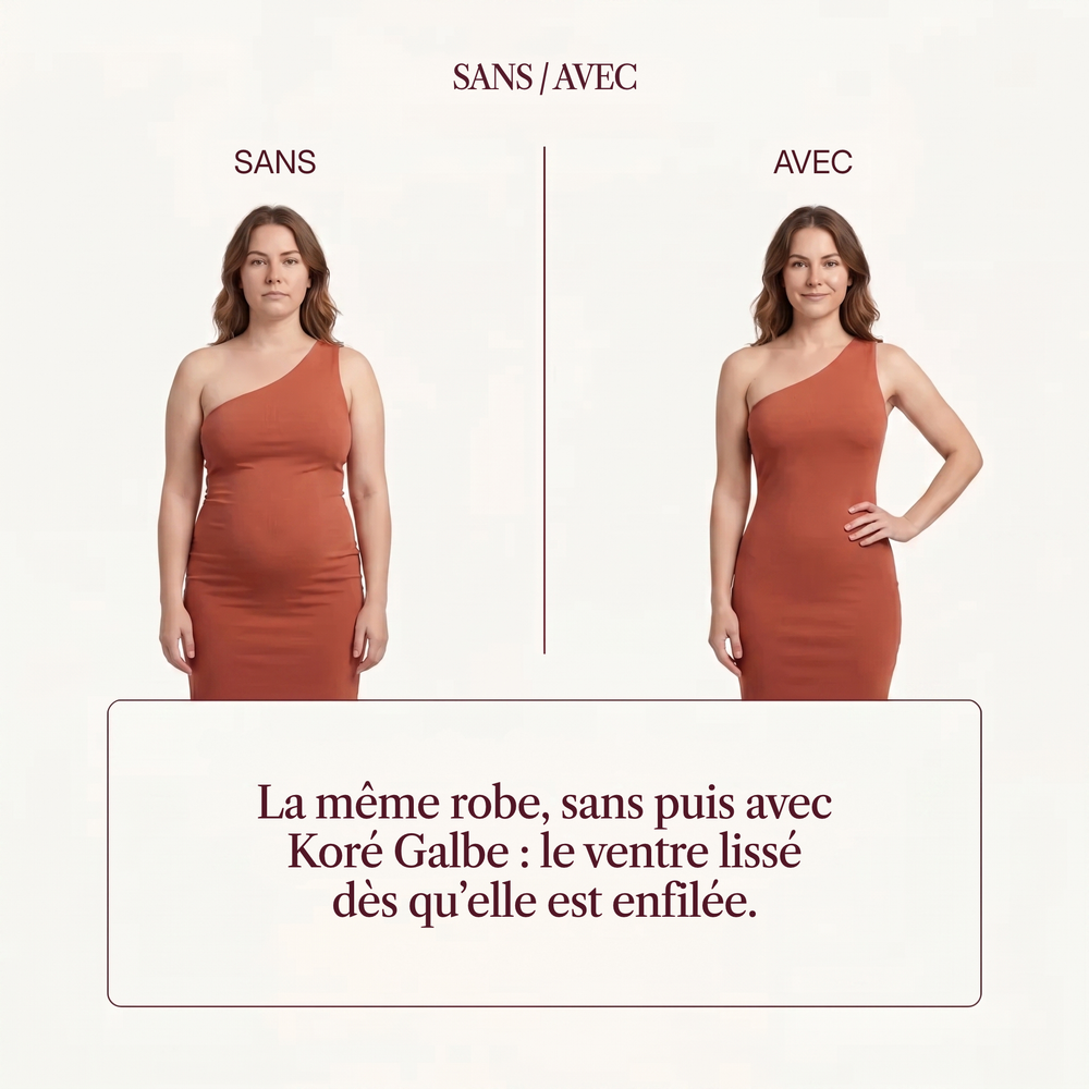 Sans et avec Koré Galbe : la même robe, le ventre lissé dès qu’elle est enfilée