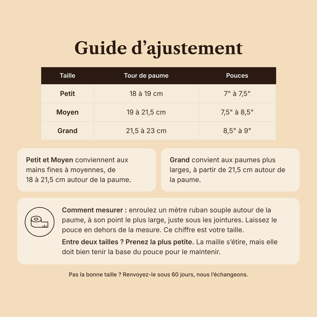 Guide d'ajustement du Koré Maille : tailles Petit, Moyen et Grand selon le tour de paume