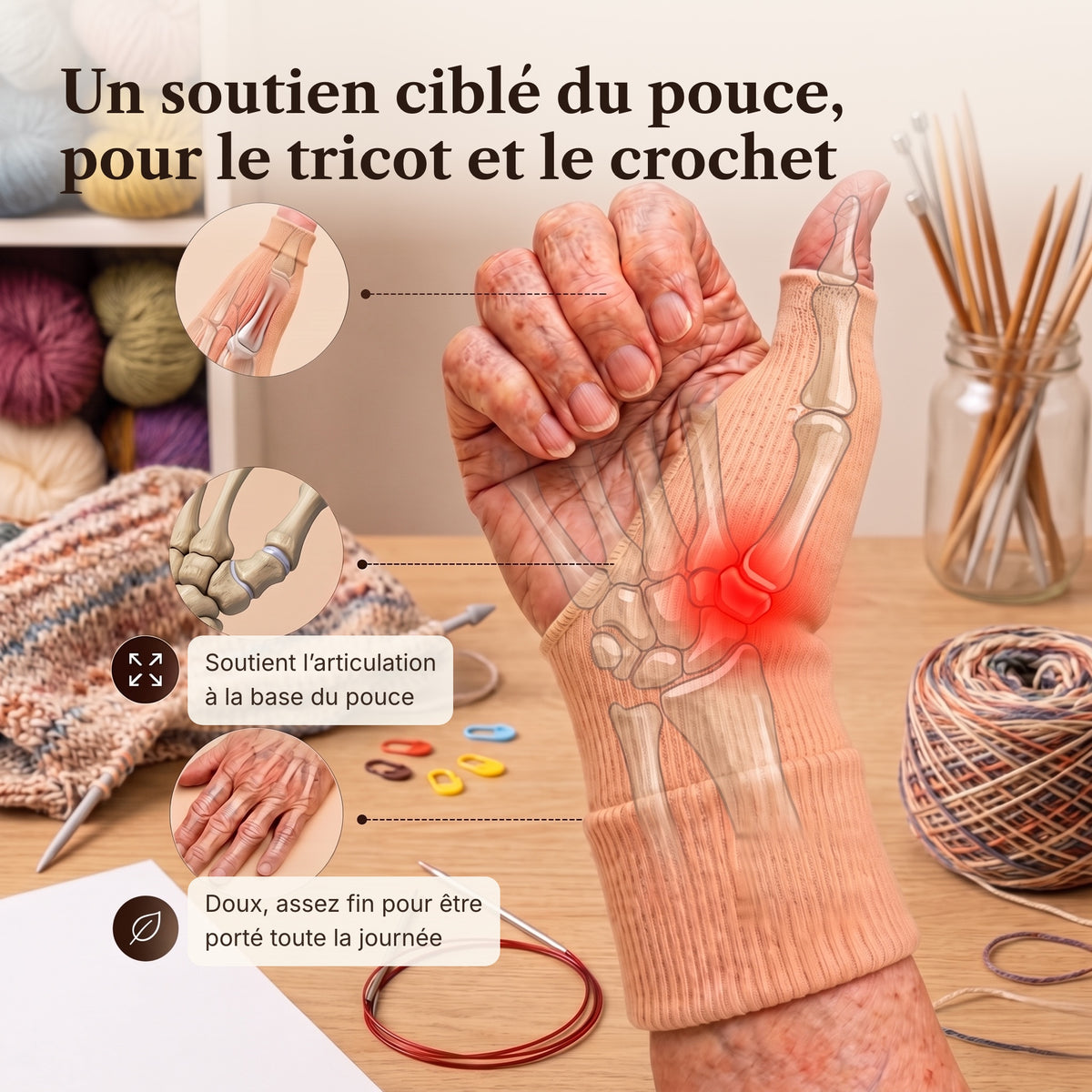 Soutien ciblé du pouce pour le tricot et le crochet, doux et fin